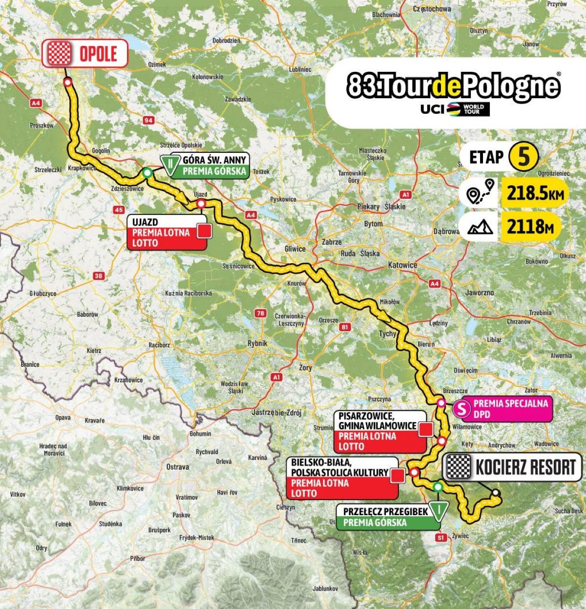 Tour de Pologne 2026 w Bielsku-Białej. Kiedy przejadą kolarze i gdzie będzie można im kibicować? 1 Mapa przejazdu 5. etapu Tour de Pologne 2026