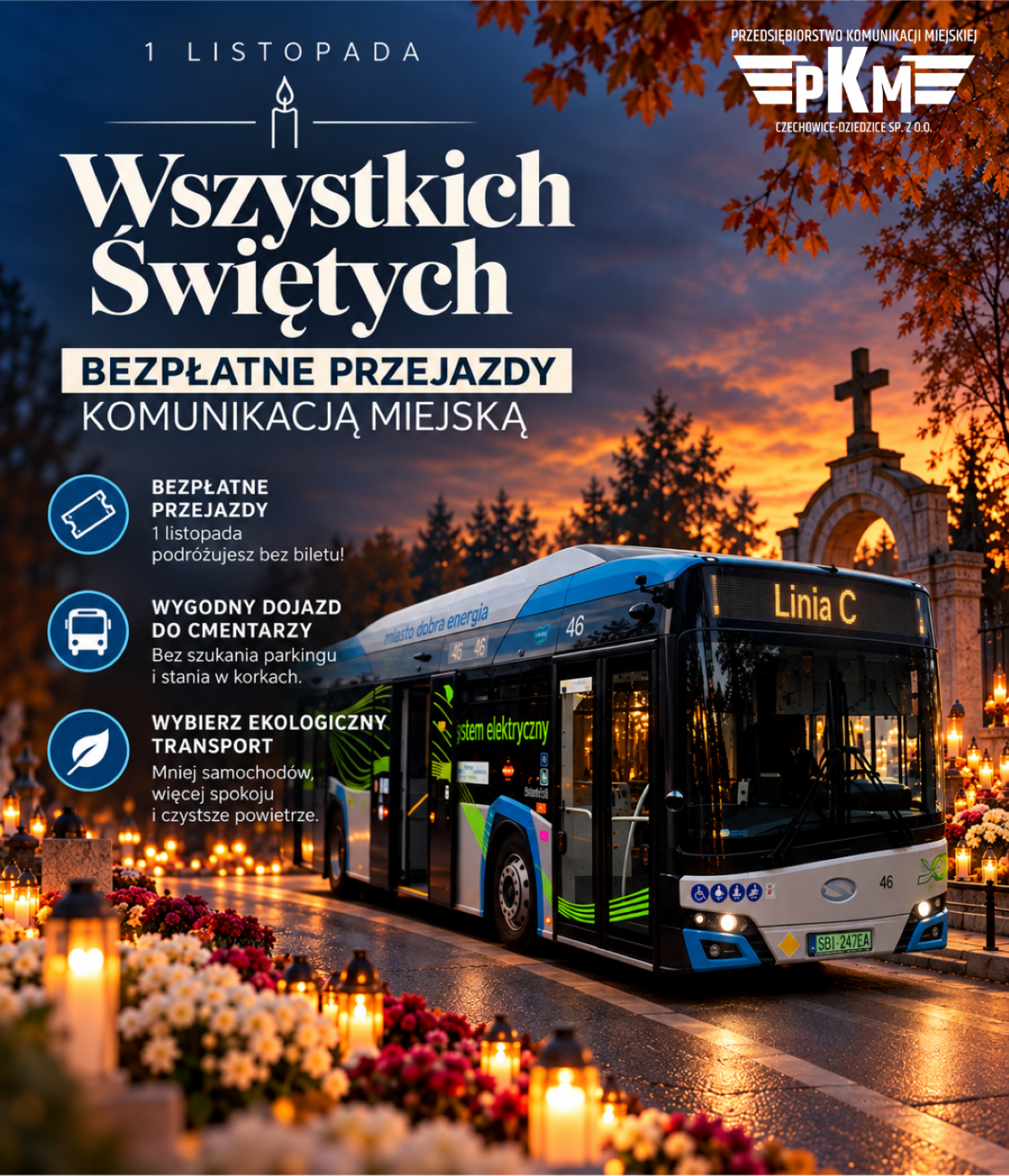 Wszystkich Świętych w Czechowicach-Dziedzicach. Darmowe autobusy i godziny kursów 1 listopada 2026 1 Bezpłatne przejazdy w dniu Wszystkich Świętych 2026 w Czechowicach-Dziedzicach